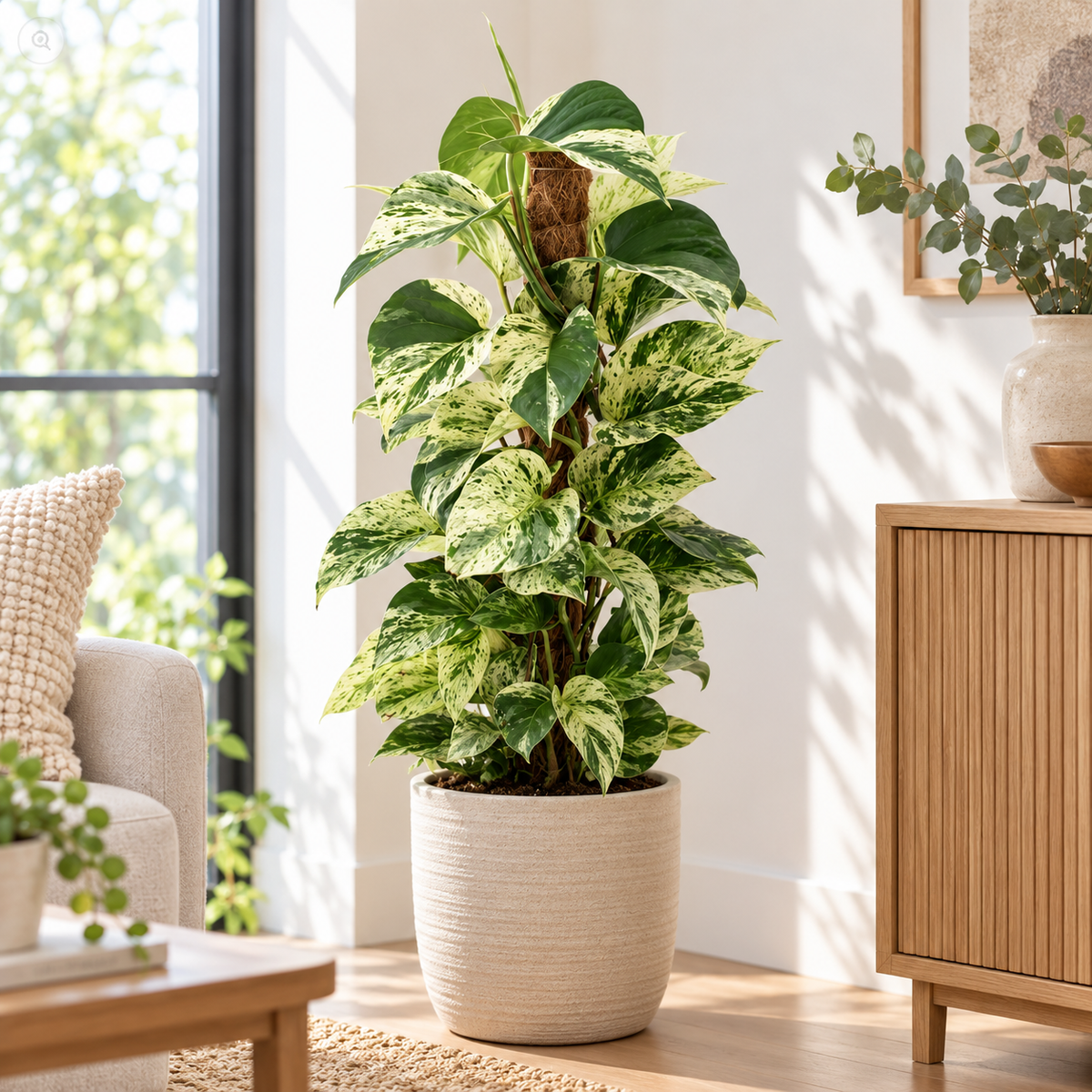 50 - 60cm Epipremnum Snow Leopard Pothos on Mosspole 17cm Pot House Plant